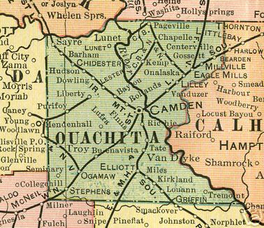 Early map of Ouachita County, Arkansas including Camden, Bearden, Stephens, Louann, Chidester, Elliott